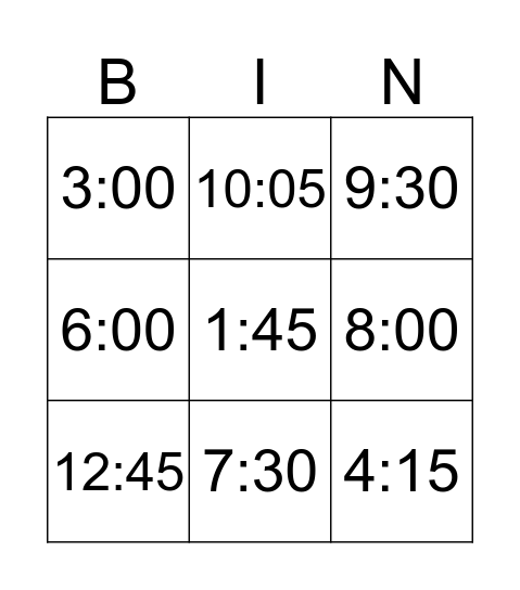 Time Bingo Card