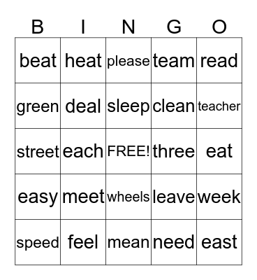 Vowel Digraphs "ee" and "ea" Bingo Card