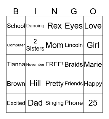 Tianna's Birthday Bingo Card