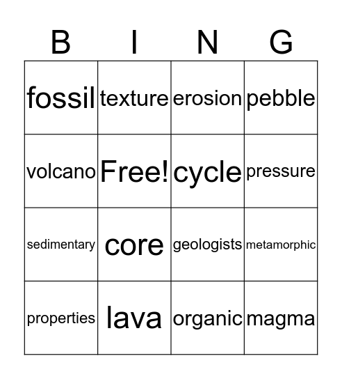 Rocks Bingo Card