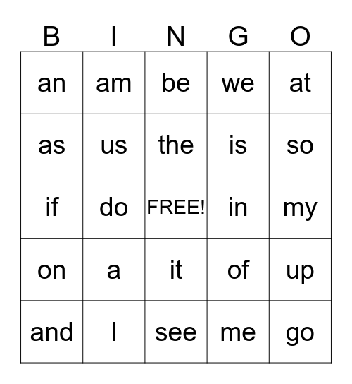 SIGHT WORD BINGO Card