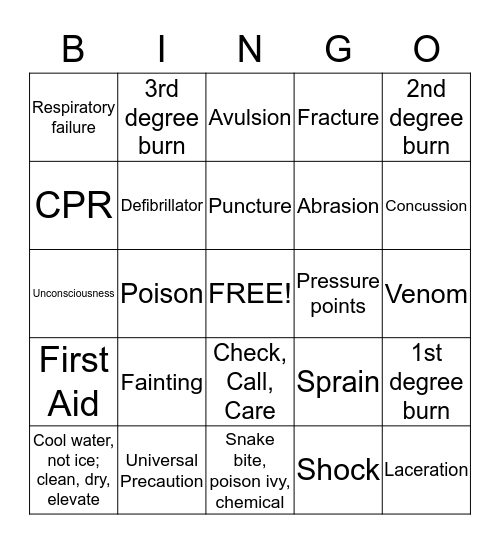 Health - First Aid and Emergencies Bingo Card
