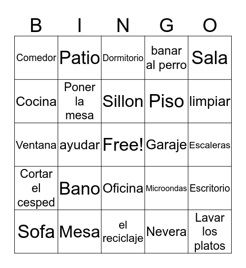 SPANISH BING Bingo Card