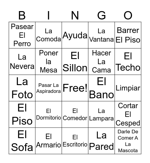 Spanish 2 Unit 1 Bingo Card