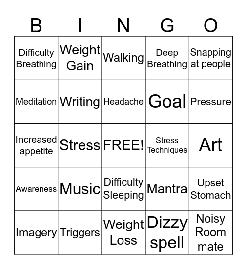 Stress Management Bingo Card