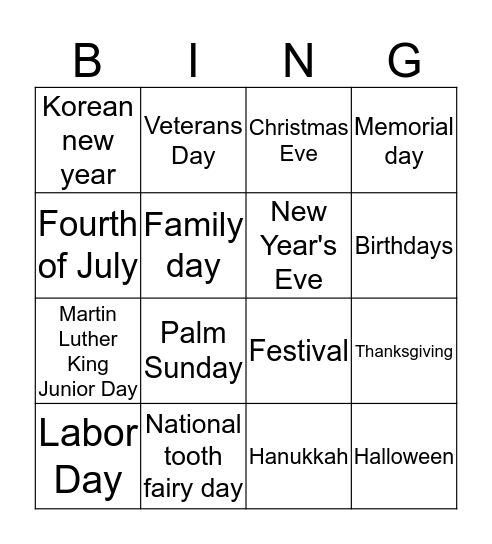 Holidays  Bingo Card