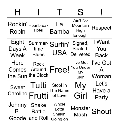 50's & 60's Bingo Card