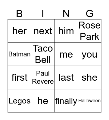 Word Bingo Card