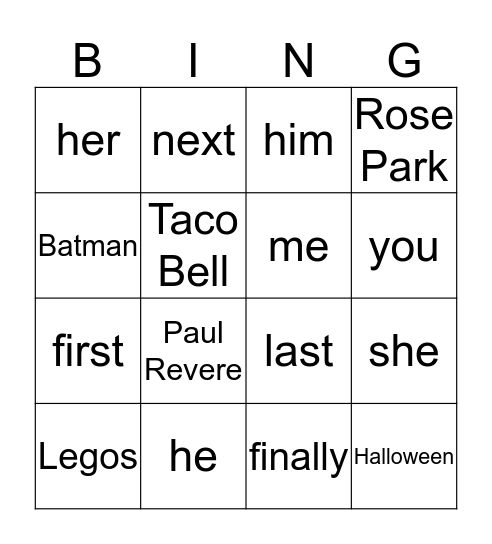 Word Bingo Card