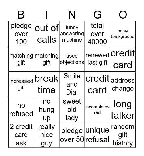 Phonathon Bingo Card