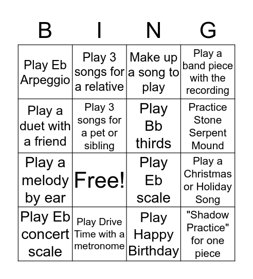 Grade 8 Band Bingo Card