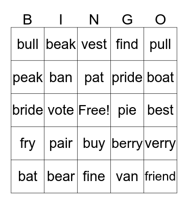 Minimal Pairs Bingo Card
