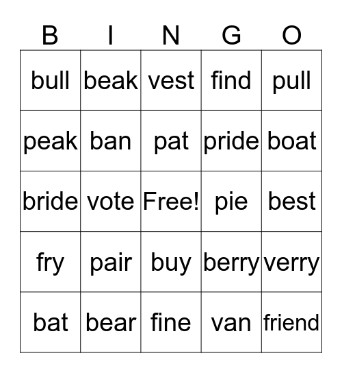 Minimal Pairs Bingo Card