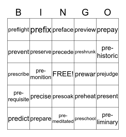 Pre-word Bingo Card