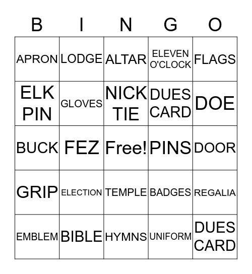 Elk Lodge Hall BINGO Card