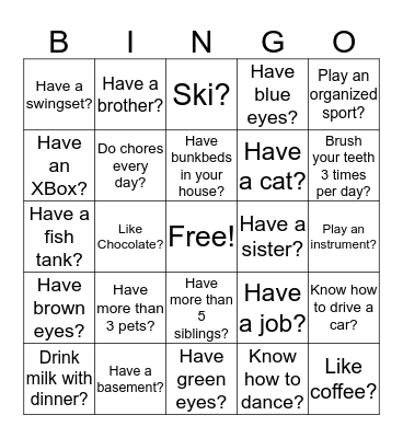 Do you ... ? Bingo Card