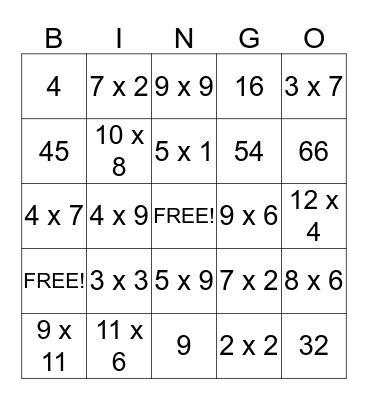 Multiplication Bingo Card