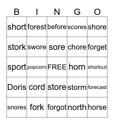 or/ore words Bingo Card