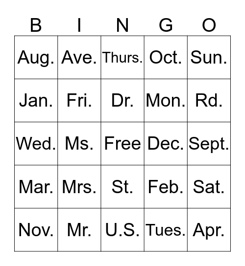 Abbreviations Bingo Card