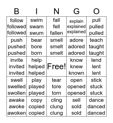 Regular and Irregular Verbs Bingo Card