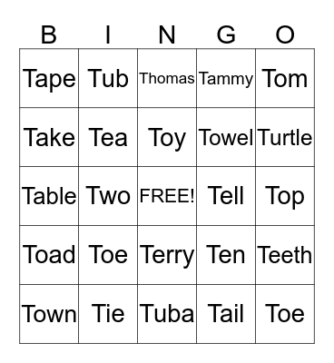 T Words Bingo Card