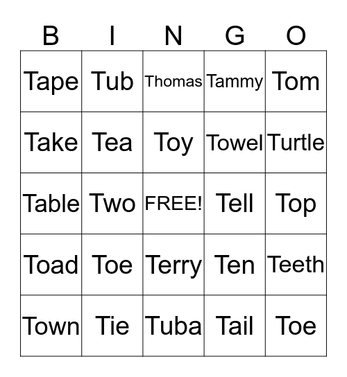 T Words Bingo Card