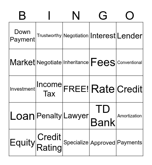 Mortgage Bingo  Bingo Card