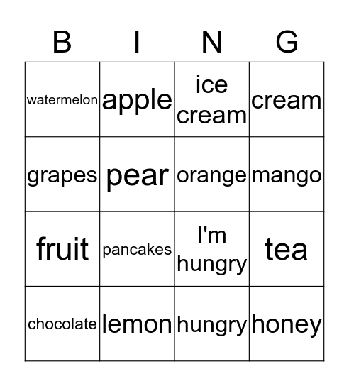 food and fruit Bingo Card