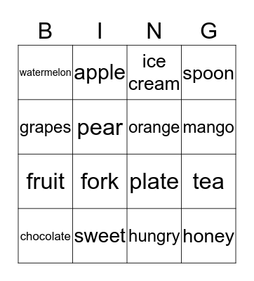 food and fruit Bingo Card