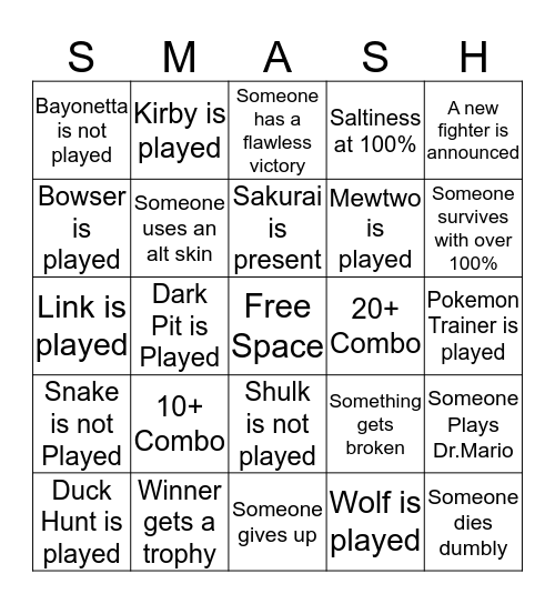 Super Smash Bros Ultimate Tournament Bingo Card