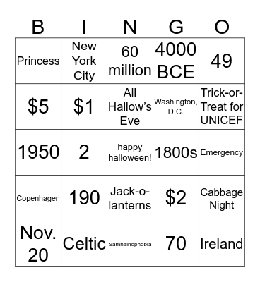 Halloween & UNICEF Bingo Card
