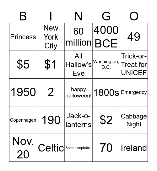 Halloween & UNICEF Bingo Card