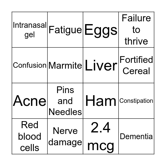 Vitamin B12 Bingo Card