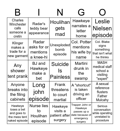 M*A*S*H* Bingo Card