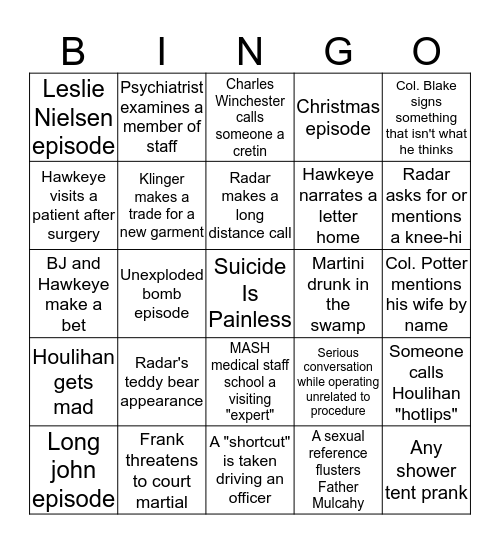 M*A*S*H* Bingo Card