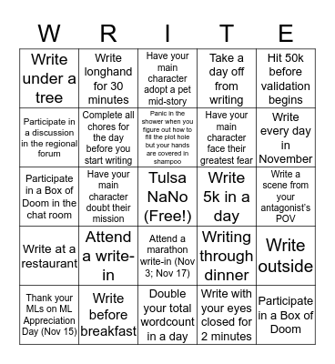 NaNo Bingo! Bingo Card