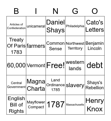 Colonial Influences, Articles of Confederation Bingo Card