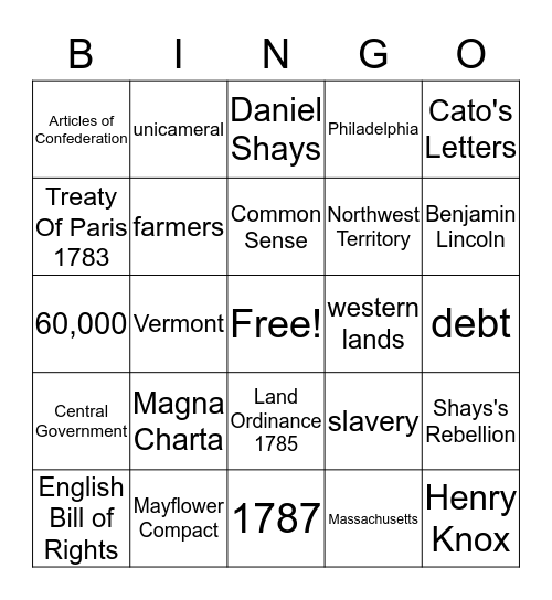 Colonial Influences, Articles of Confederation Bingo Card