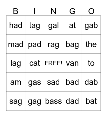 Unit 3- Short a  Bingo Card