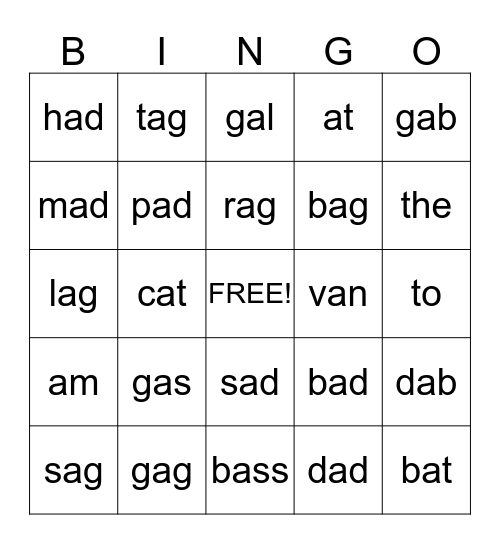 Unit 3- Short a  Bingo Card