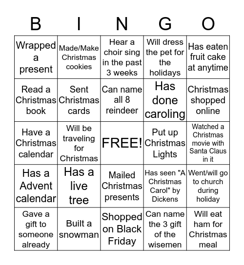 Holiday Bingo  Bingo Card