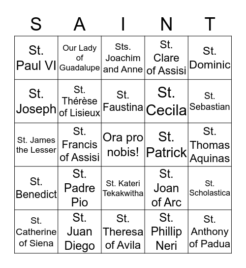 Bingo with the Saints Bingo Card