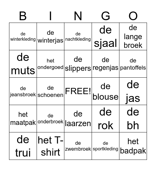 Kleding Bingo Card