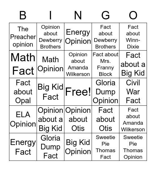 Fact and Opinion Bingo Card