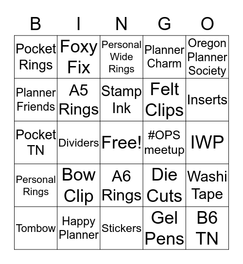 Oregon Planner Society Bingo Card