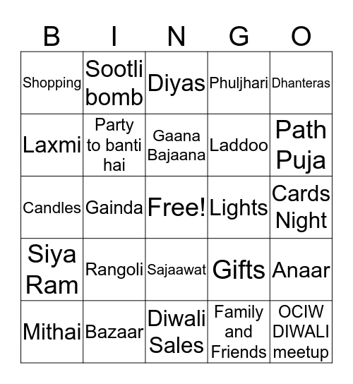 Diwali Bingo Fun Bingo Card