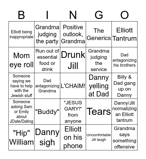 Fisher Family Bingo: Simon's Bar Mitzvah Edition Bingo Card