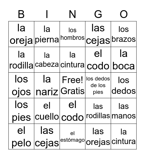 Spanish Body Parts Bingo Card