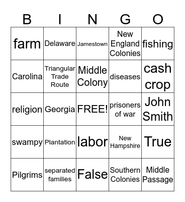 Thirteen Colonies Bingo Card