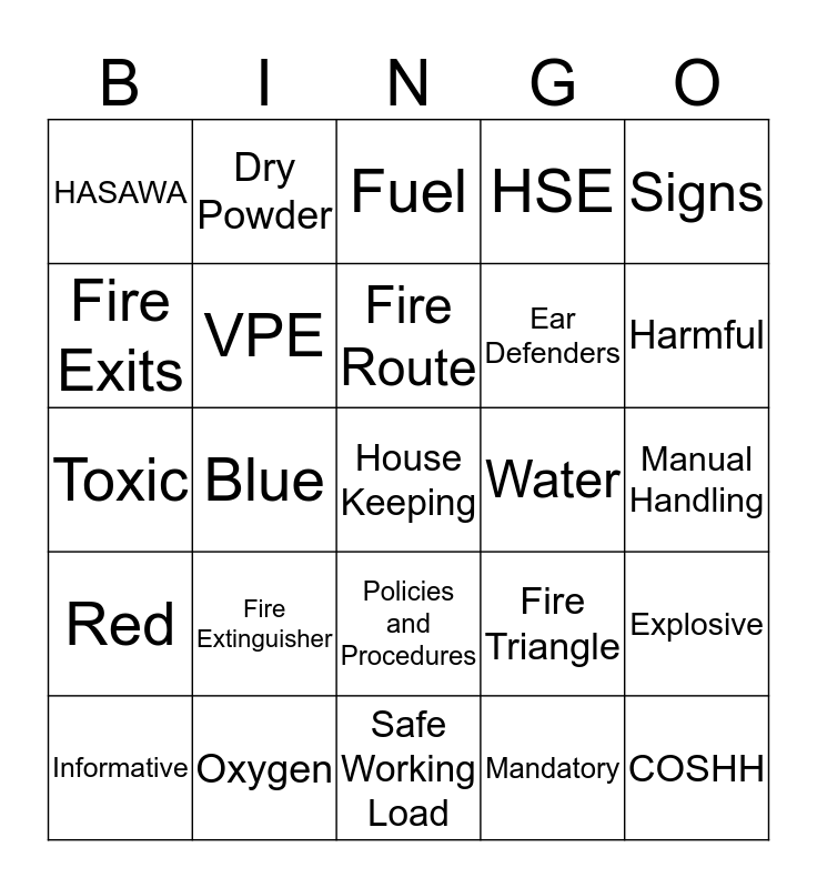 Health and Safety Bingo Card